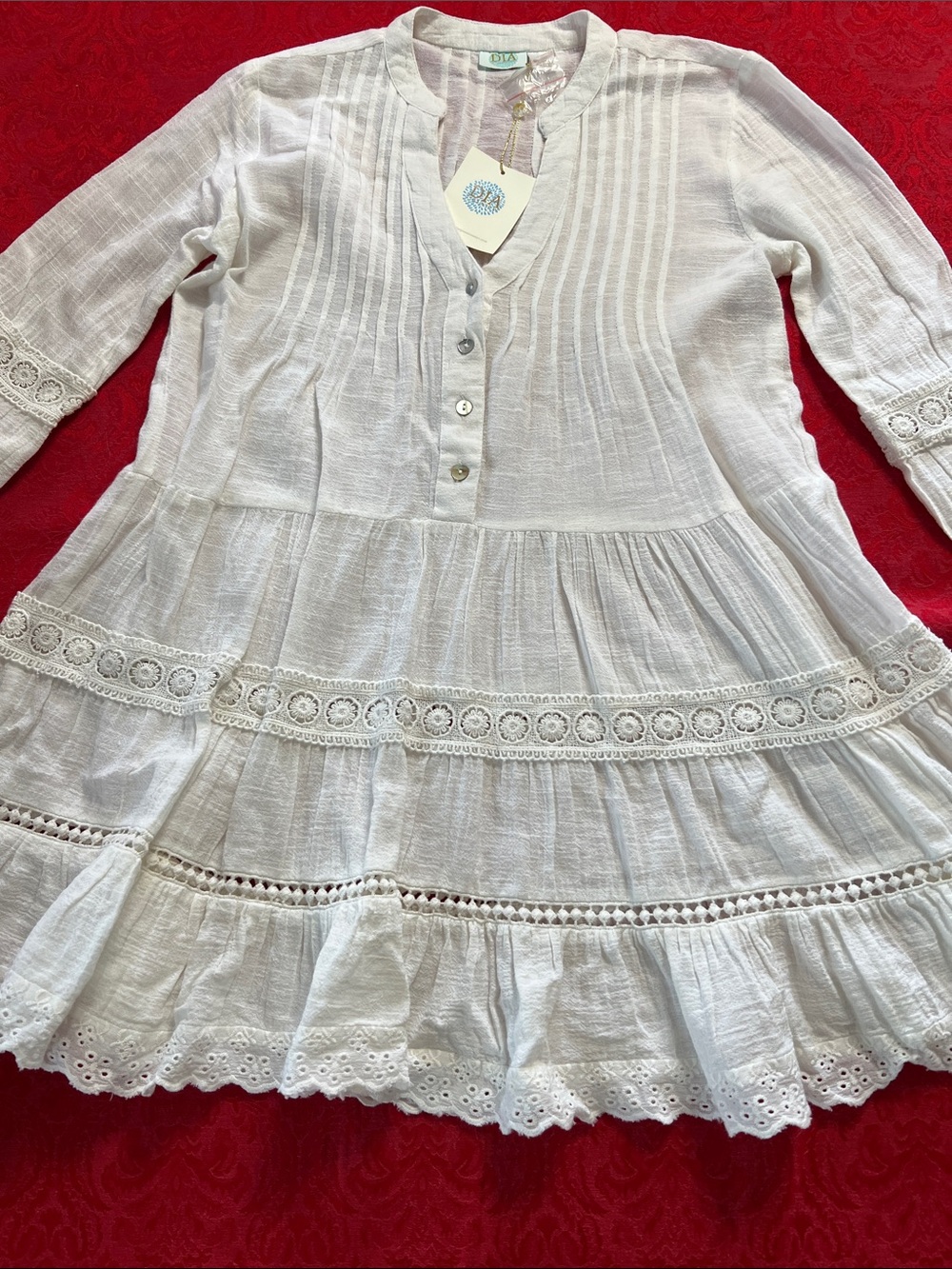 DIA Light Beige Tiered Eyelet Tunic Dress Women's Small 100% Cotton